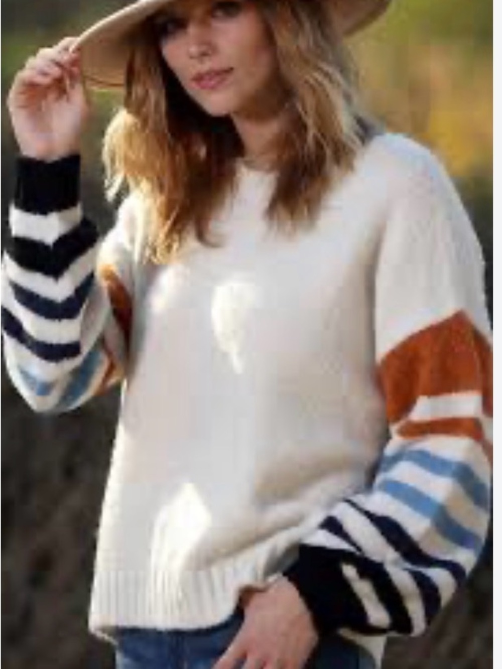 Women's Cream Crewneck Sweater with Multicolor Striped Sleeves